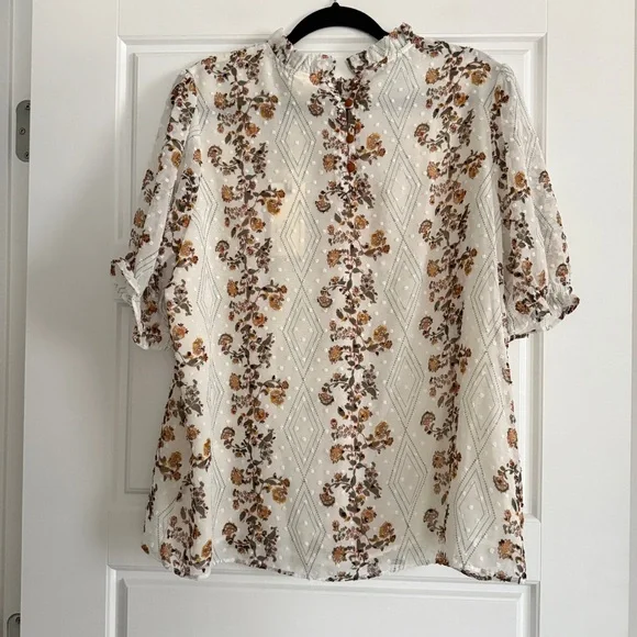 Elegant Floral Ruffle Blouse - Cream and Brown - Picture 3 of 4